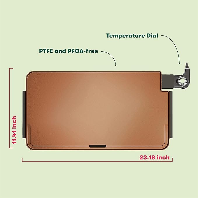 Dolphin Minja XL Electric Ceramic Titanium Griddle, Make 15 Eggs At Once, Healthy-Eco Non-stick Coating, Hassle-Free Clean Up, Large Submersible Cooking Surface, 12" x 22", Copper/Black