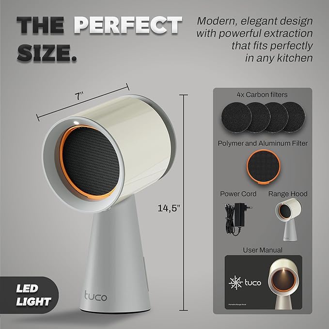 Dolphin Minja Portable Range Hood, Desktop Kitchen Exhaust Fan with 3 Speeds, Triple Filter Polymer, Aluminum & Carbon, Low Noise, Oil Collection Cup, Smoke Air Purifier for Indoor BBQ (Grey)