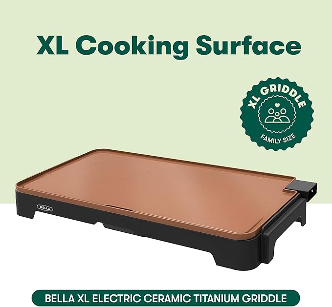 Dolphin Minja XL Electric Ceramic Titanium Griddle, Make 15 Eggs At Once, Healthy-Eco Non-stick Coating, Hassle-Free Clean Up, Large Submersible Cooking Surface, 12" x 22", Copper/Black