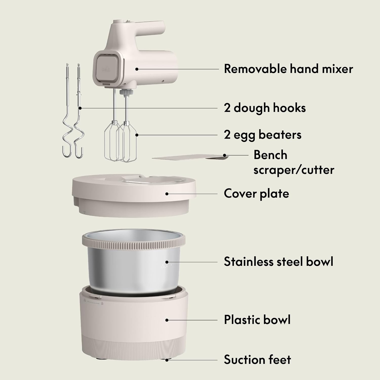 3.5 Qt Hand & Stand Mixer, 2 in 1 Electric Mixer with Bowl, Dough Hook, Whisk & Egg Beater, Multifunctional Handheld Mixer for Baking, 200 Watt, Oatmilk