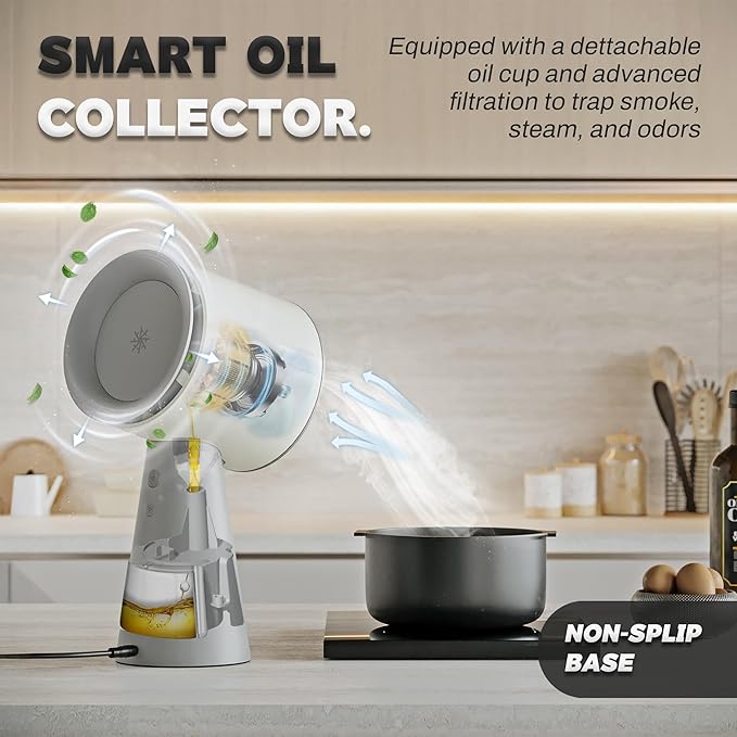 Dolphin Minja Portable Range Hood, Desktop Kitchen Exhaust Fan with 3 Speeds, Triple Filter Polymer, Aluminum & Carbon, Low Noise, Oil Collection Cup, Smoke Air Purifier for Indoor BBQ (Grey)