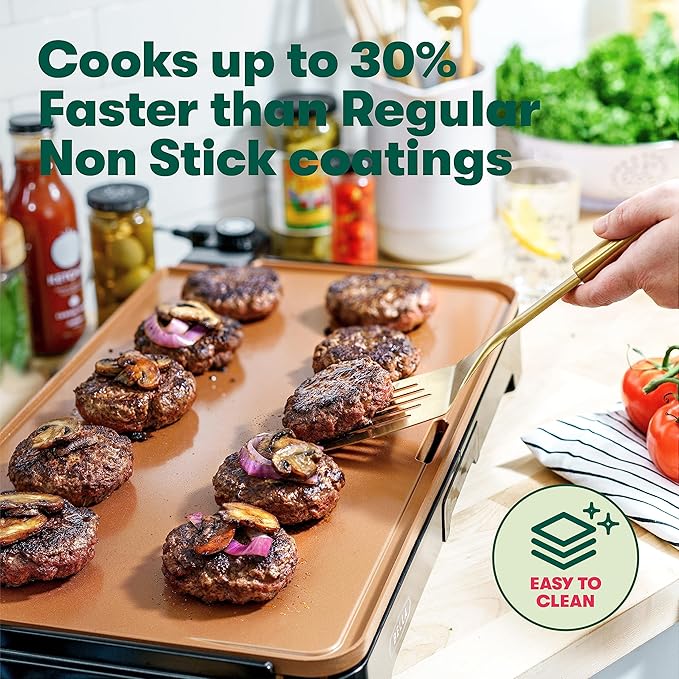 Dolphin Minja XL Electric Ceramic Titanium Griddle, Make 15 Eggs At Once, Healthy-Eco Non-stick Coating, Hassle-Free Clean Up, Large Submersible Cooking Surface, 12" x 22", Copper/Black