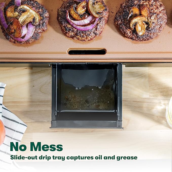 Dolphin Minja XL Electric Ceramic Titanium Griddle, Make 15 Eggs At Once, Healthy-Eco Non-stick Coating, Hassle-Free Clean Up, Large Submersible Cooking Surface, 12" x 22", Copper/Black